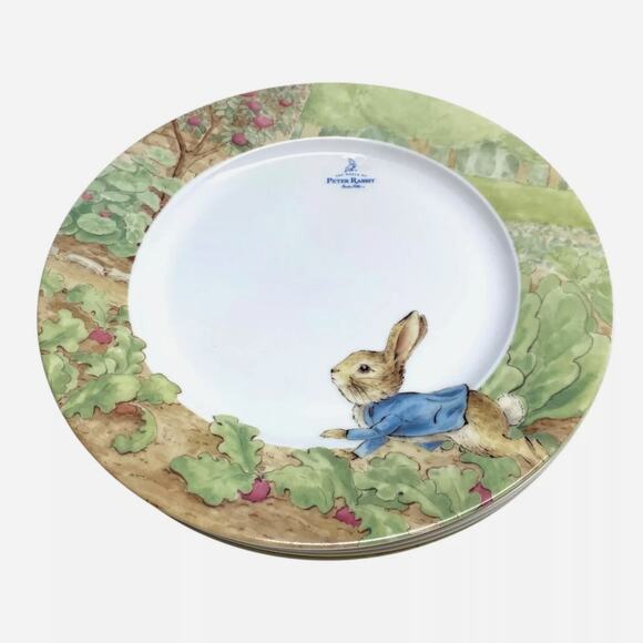 4pc Beatrix Potter Peter Rabbit Easter Bunny 10.5in Dinner Plates Spring Garden - Picture 4 of 10